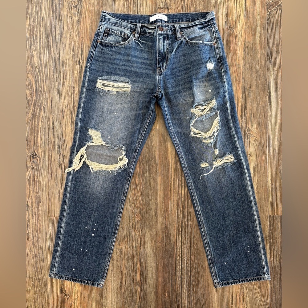 KanCan Estilo Jeans Womens 7/27 Blue Denim Distressed White Paint Splatters
